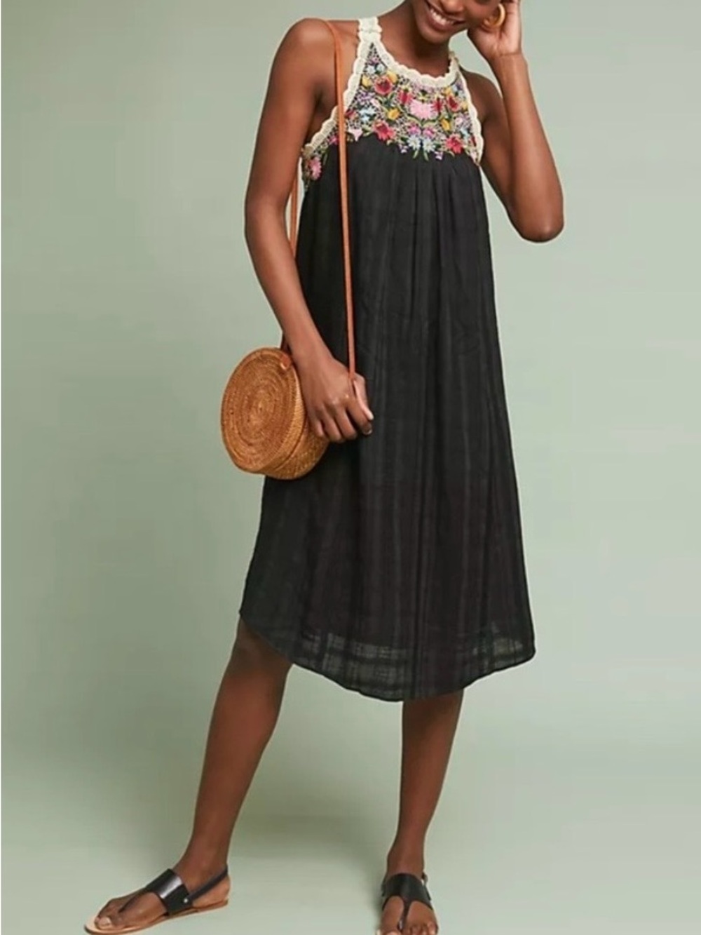 Anthropologie Embroidered Crochet Trim Black Halter Dress